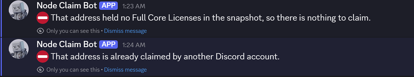 Forked Node Claim Bot messages for an address with no Full Core Licenses in the snapshot and an address already claimed by another Discord account