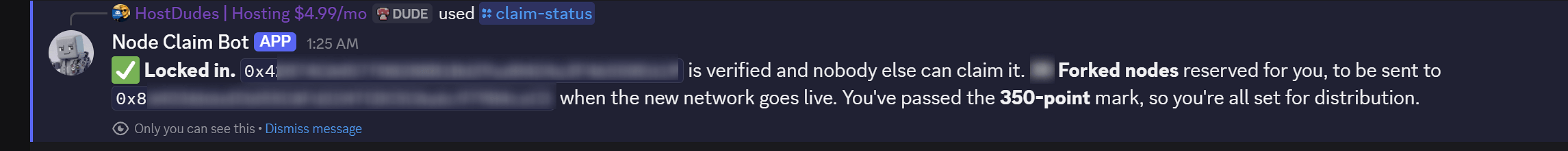 Example Node Claim Bot success response confirming a locked Forked node claim, with wallet addresses and node count blurred